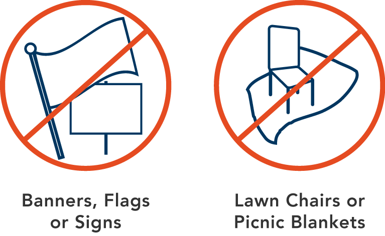 An illustration of prohibited items featuring banners and lawn chairs