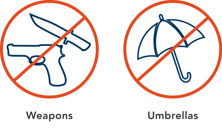 An illustration of prohibited items featuring weapons and umbrellas