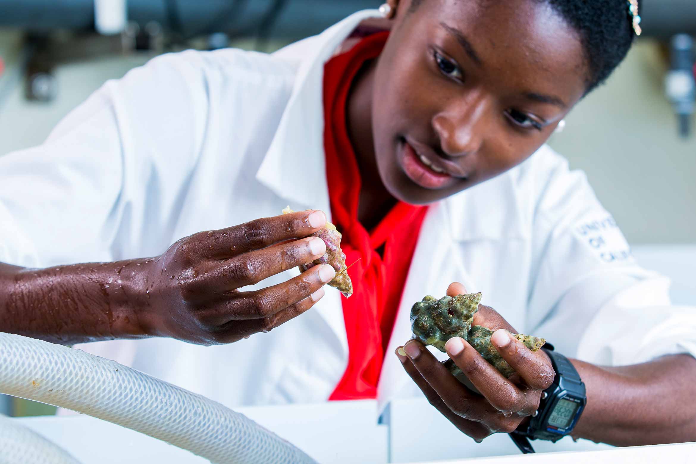 marine biology student with snail